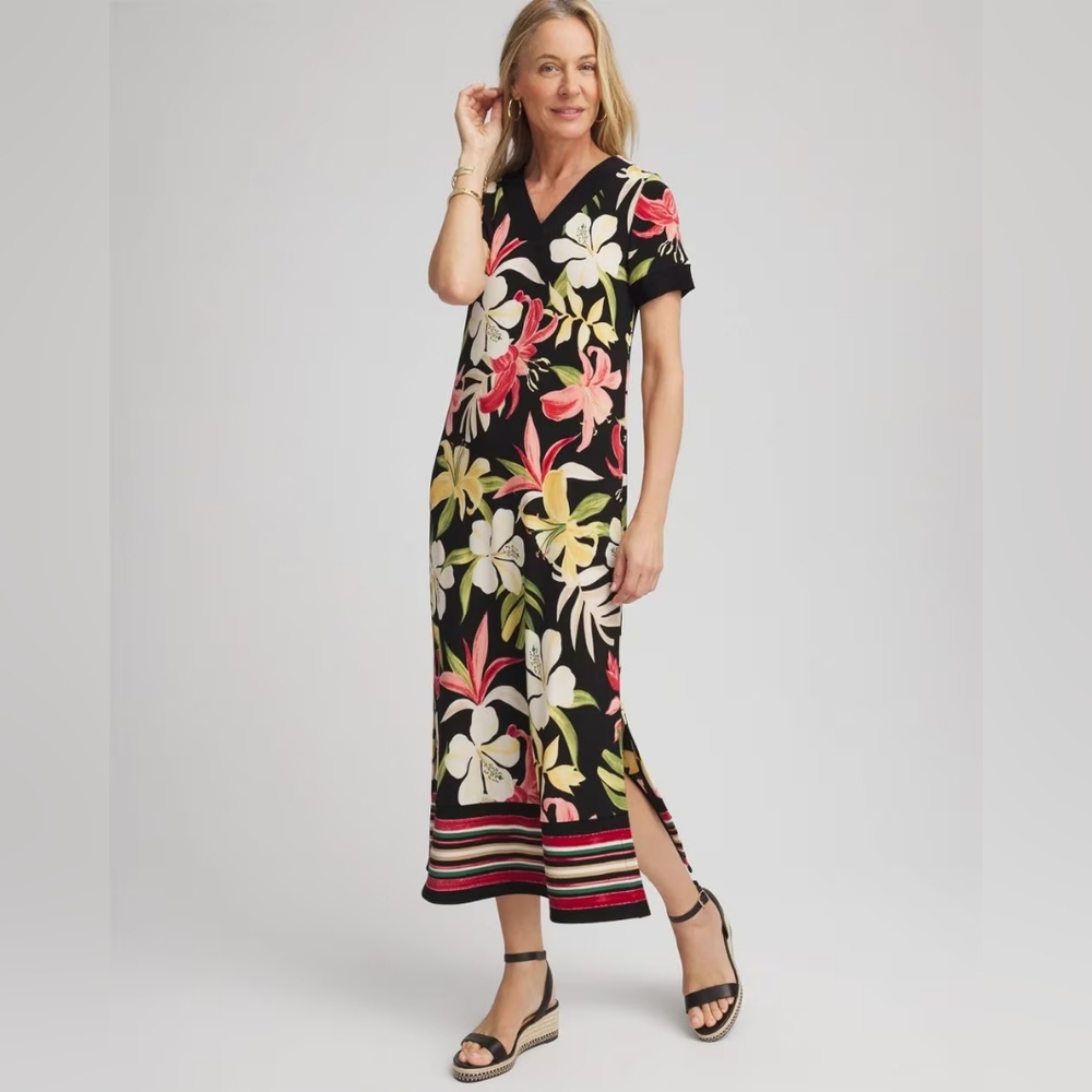 Chico's Black Midi Dress with Pink, Cream and Yellow Floral Print - Picture 1 of 9